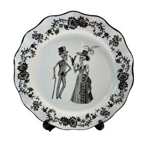 Potters Studio Ceramic Plate Black Floral & Victorian Skeleton Couple Halloween
